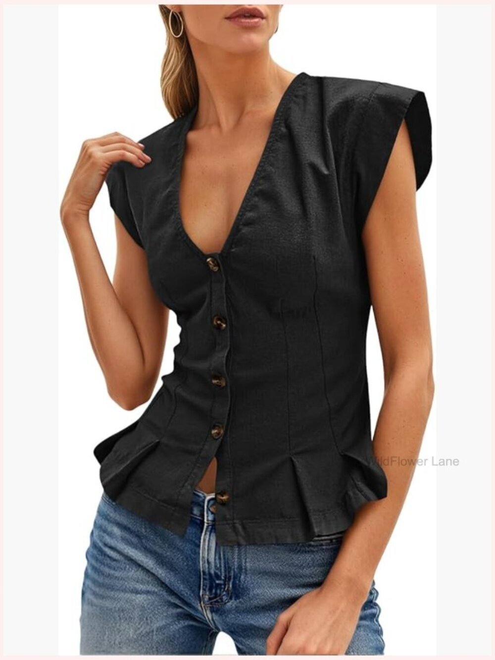 Women's Deep V Neck Crop Vest Top Button Up Ruffle Cap Sleeve Fitted Blouse